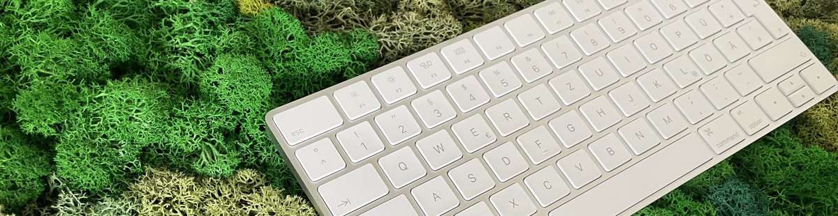 Bei die Grafik zeigt eine Fotografie einer Magic Keyboard-Tastatur des Herstellers Apple, welches auf grünem Islandmoos liegt. 