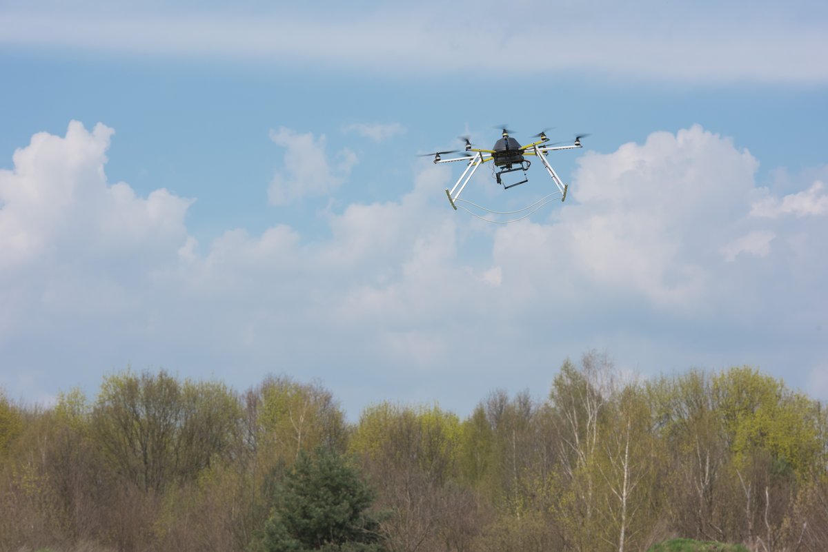 Zivile Drohne überfliegt ein Waldgebiet