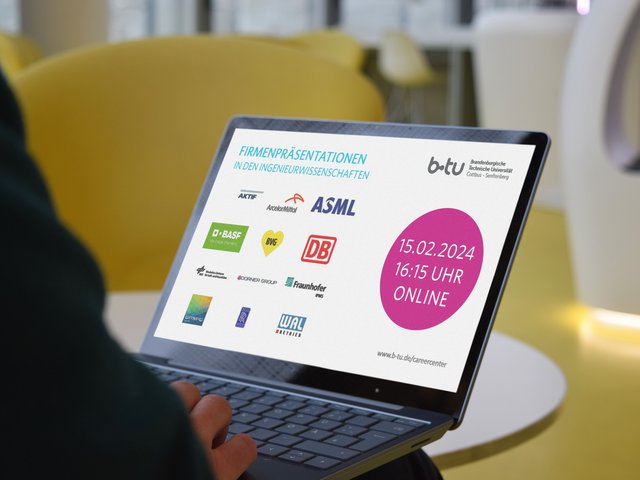 Laptop mit dem Hinweis auf die Online-Veranstaltung "Firmenpäsentationen in den Ingenieurwissenschaften" am 15. Februar 2024 auf dem Bildschirm.