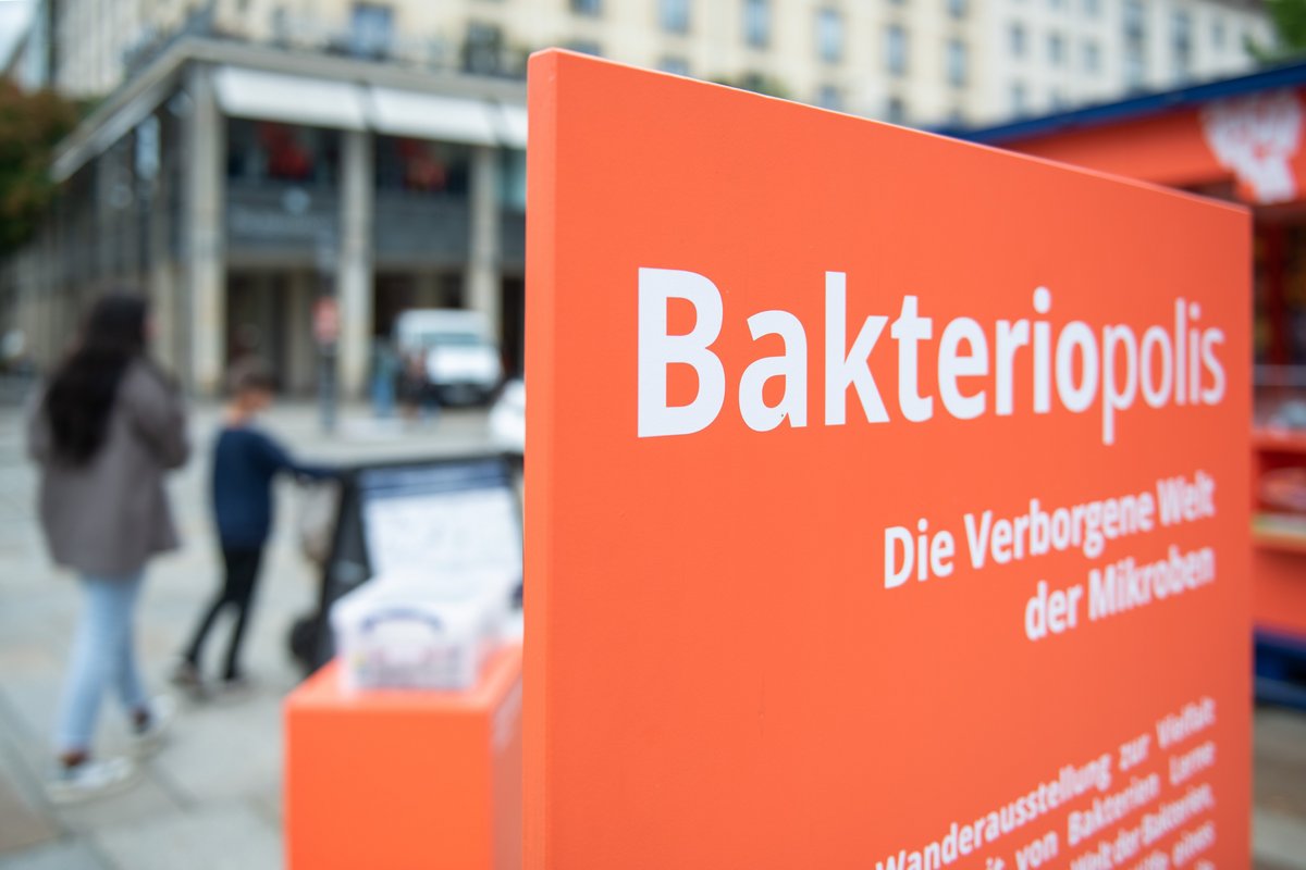Banner for the travelling exhibition Bakteriopolis,