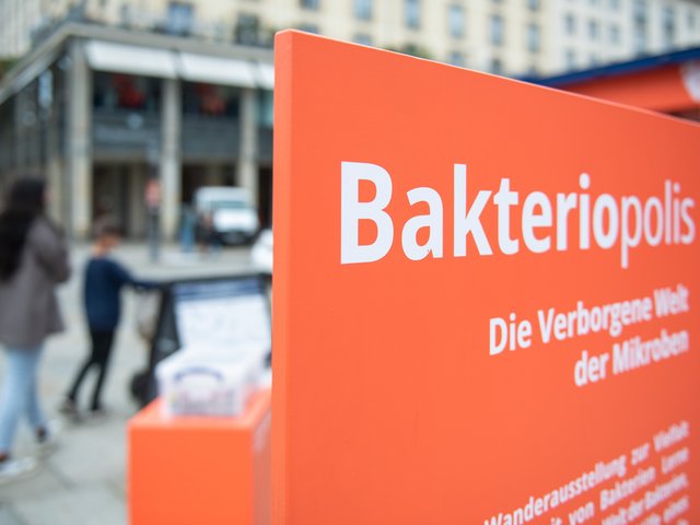 Banner for the travelling exhibition Bakteriopolis,