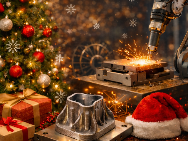 Weihnachtliche Szene mit geschmücktem Baum, Geschenken und 3D-gedrucktem Metallteil auf einem Arbeitstisch, daneben ein funken sprühender Schweißroboter.