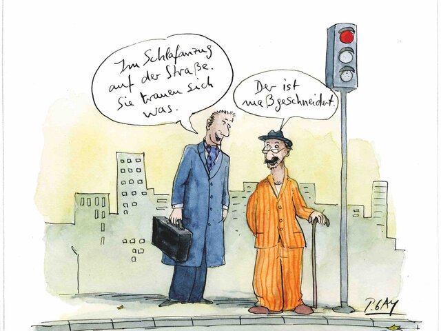 Cartoon Mann im Schlafanzug. Copyright Peter Gaymann www.demensch.gaymann.de, aus dem DEMENSCH Postkartenkalender.