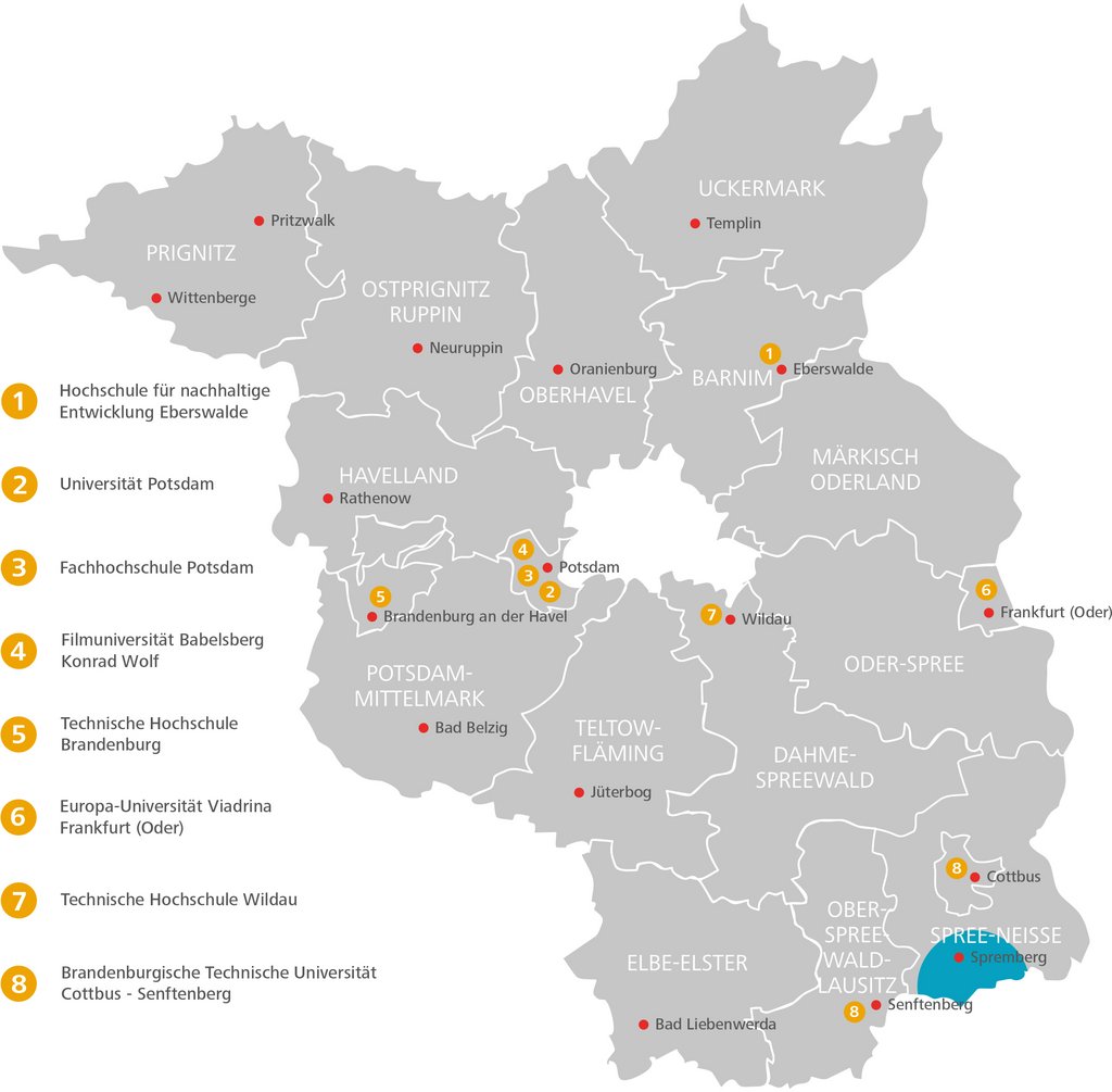Karte Standorte Brandenburger Hochschulen mit Präsenzstelle Spremberg