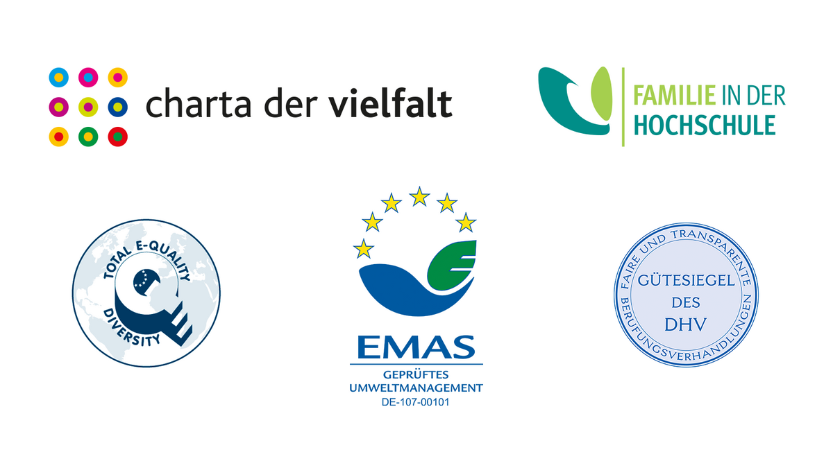 Icons: Charta der Vielfalt, Familie in der Hochschule, DHV: Transparenz in Berufungsprozessen, EMAS, Total e-quality