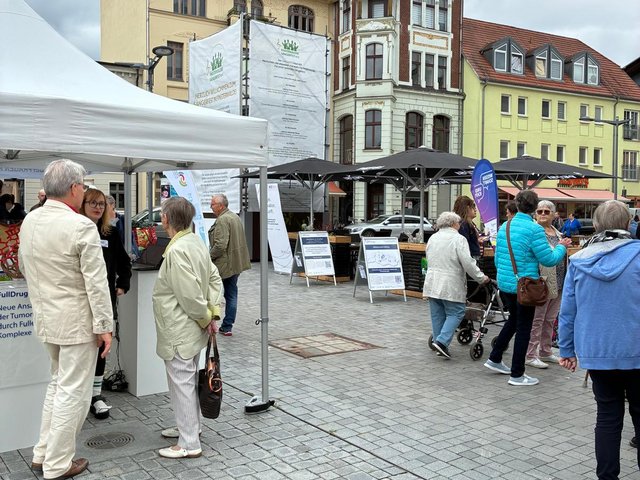 Forschende kamen am 22. Juli mit den Finsterwalder Bürger:innen auf dem Wochenmarkt ins Gespräch (© D. Franke-Sakuth)