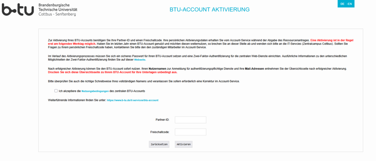 Aktivierungsseite externe Mitarbeiter