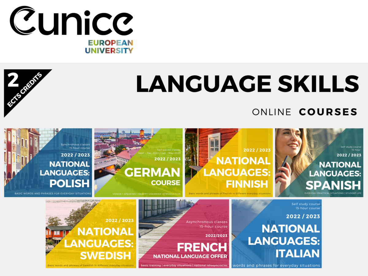 Übersicht der sieben verschiedenen Sprachkurse (EUNICE Landessprachen)