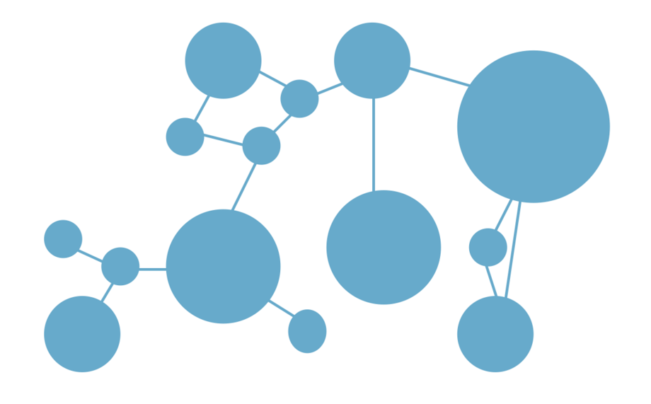 Das Bild zeigt eine blaue Grafik bestehend aus Kreisen in verschiedenen Durchmessergrößen und Linien, welche die Kreise wie ein Netzwerk miteinander verbinden.