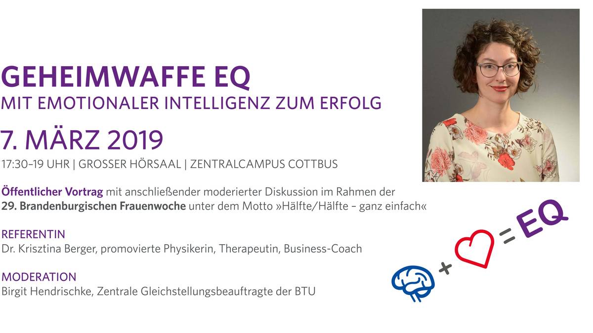 Flyer zur Veranstaltung, Frau Dr. Krisztina Berger und Text Hälfte-Hälfte ist das Geheimrezept für dauerhaften Erfolg in Politik