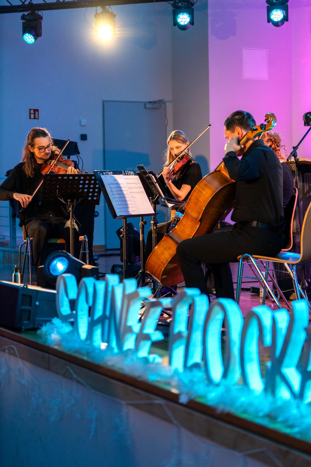 The string quartet from the Instrumental and Vocal Performance and Teaching study programme on stage.