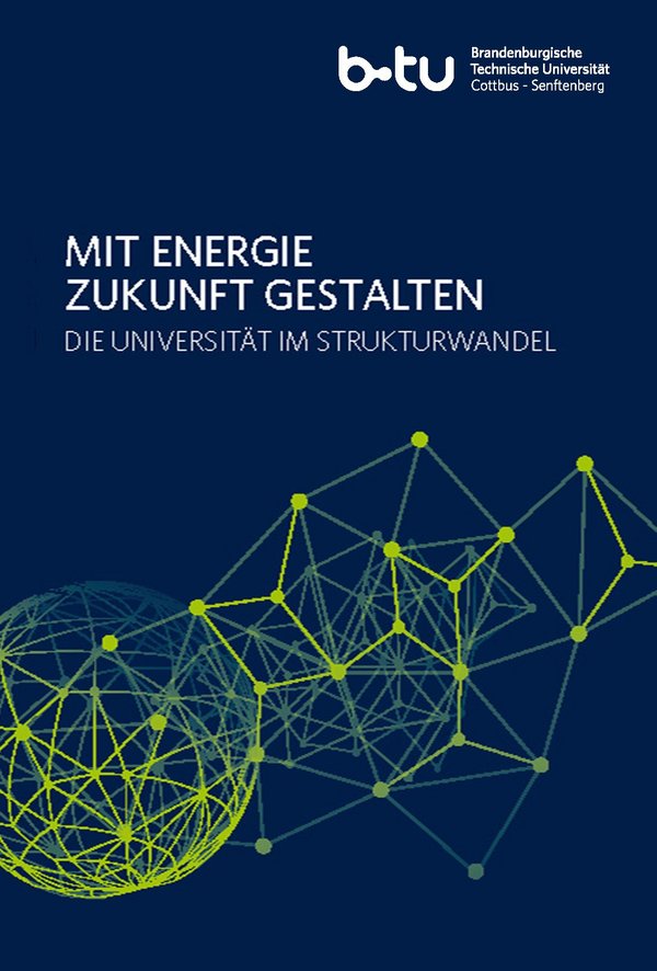 Titelbild des Strukturwandel-Leporellos. Dunkelblauer Hintergrund, grüne grafische Elemente, Titel: Mit Energie Zukunft gestalten