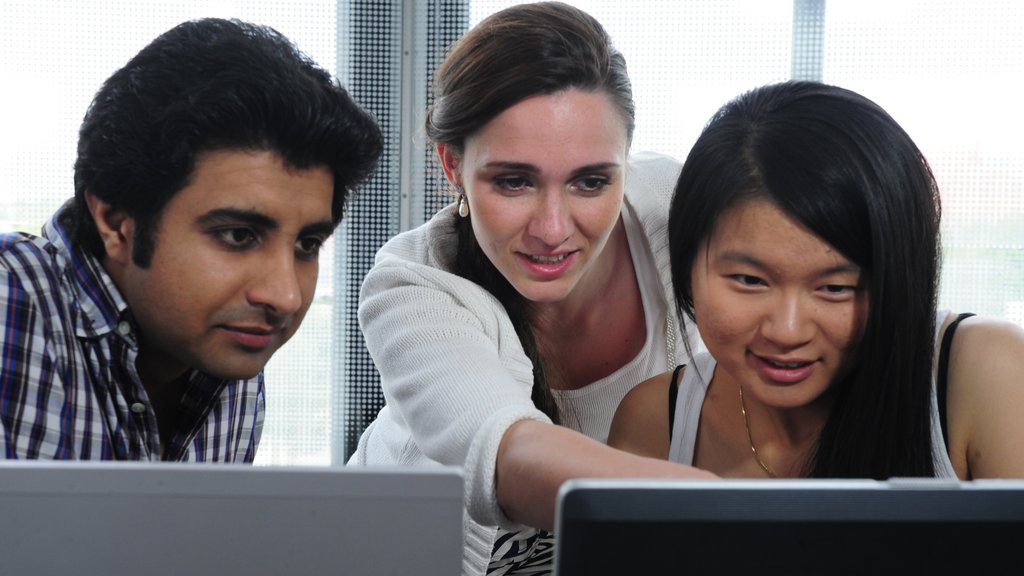 Drei Studierende sitzen vor zwei Laptops und erklären sich gegenseitig etwas