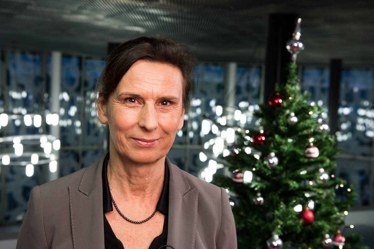 Portrait Präsidentin Prof. Gesine Grande vor Weihnachtsbaum im IKMZ