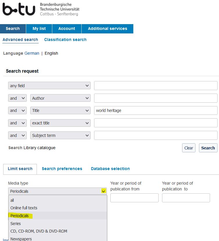 Search for journal titles in the Library catalogue