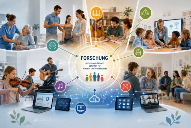 Das KI-generierte Bild stellt die vier Institute der Fakultät für Humanwissenschaft graphisch da: Gesundheitsberufe, Lehramt, Musikpädagogik und Soziale Arbeit.