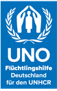Das Bild zeigt das Logo der UNO Flüchtlingshile, Hände, die einen Menschen umschließen in einem Getreidekranz.