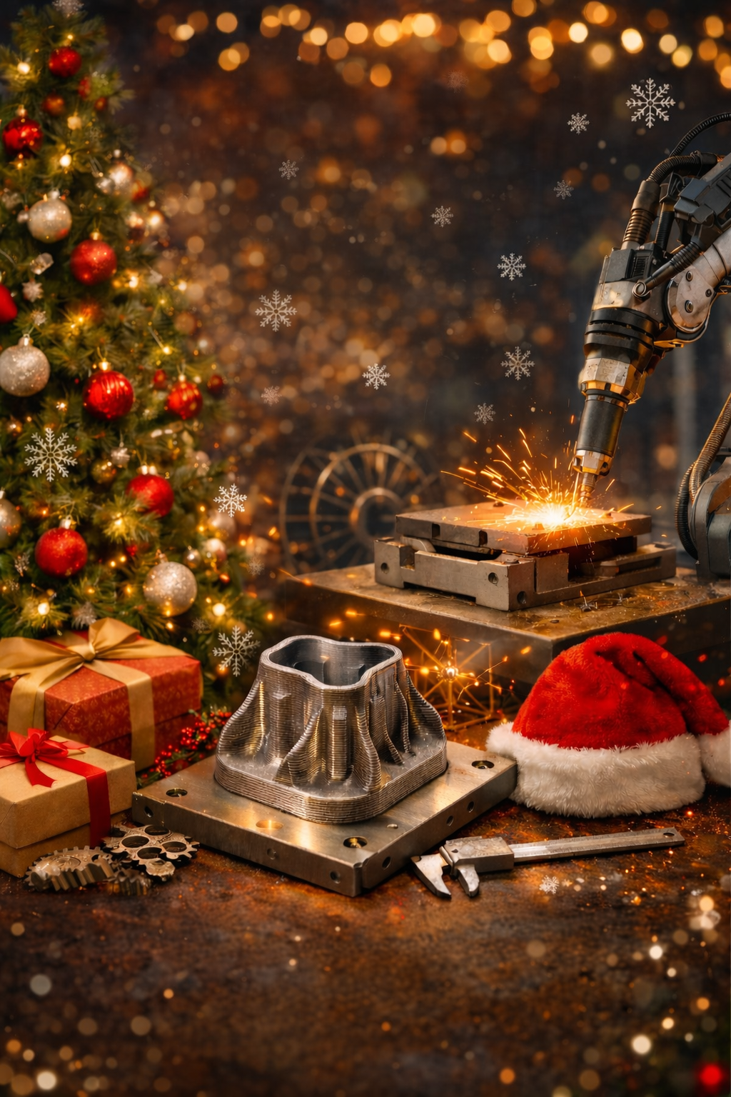 Weihnachtliche Szene mit geschmücktem Baum, Geschenken und 3D-gedrucktem Metallteil auf einem Arbeitstisch, daneben ein funken sprühender Schweißroboter.