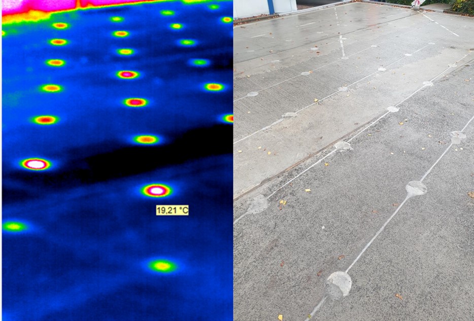 Comparison of live image and thermal camera image of the heated car park