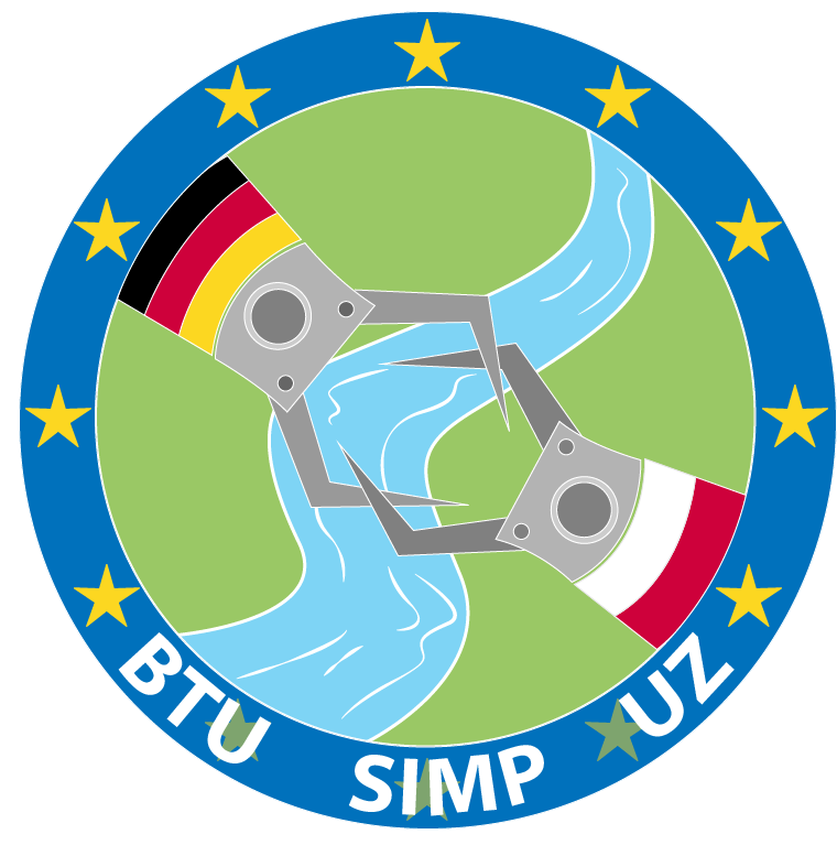 Logo des INTERREG-Projekts "Grenzen überwinden mit Schlüsseltechnologien" mit Nennung der Projektpartner BTU, SIMP und UZ auf dem Rand