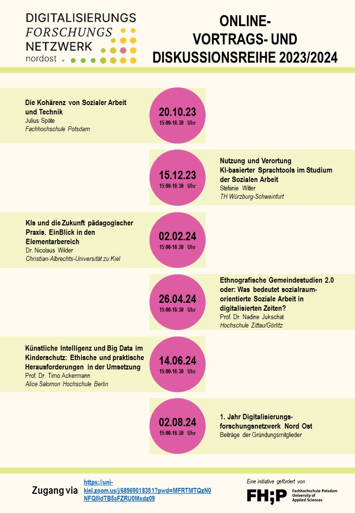 Die Grafik zeigt ein Poster zur Online-Vortrags- und Diskussionsreihe 2023/24 des Digitalisierungsforschungsnetzwerks Nordost (DigiNO)