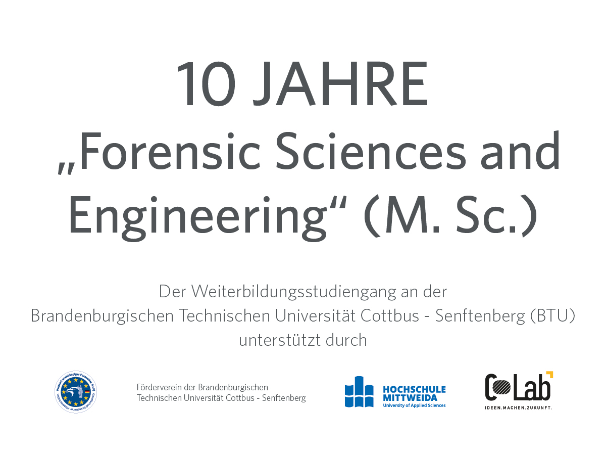 Banner mit der Aufschrift: 10 Jahre "Forensic Sciences and Engineering". Abbildung: adtower Agentur für Printmedien