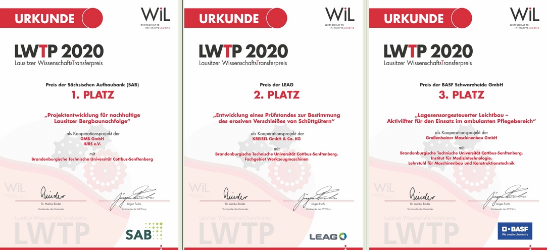 Die drei Siegerurkunden des Lausitzer WissenschaftsTransferpreises 2020.