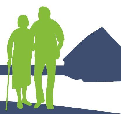 The graphic shows an elderly lady with a walking stick and a young man supporting her. In the background a blue house is indicated. 