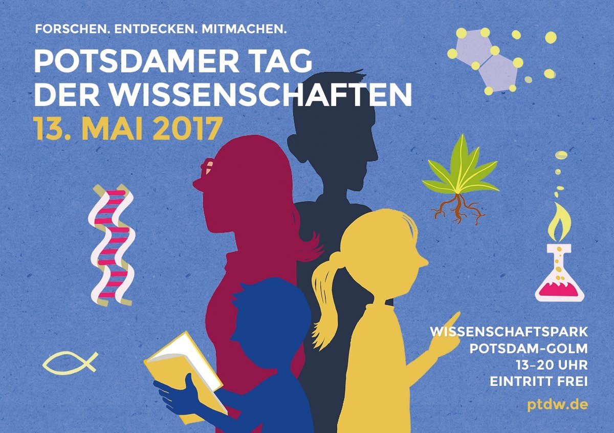 Banner mit dem zentralen Motiv zum Potsdamer Tag der Wissenschaften, das an Wissenschaft interessierte Kinder und Erwachsene zeigt, unter anderem ein Kind mit einem Buch.