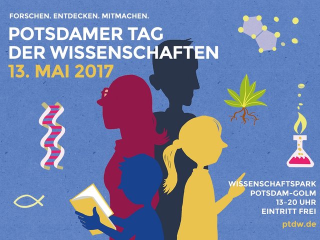 Banner mit dem zentralen Motiv zum Potsdamer Tag der Wissenschaften, das an Wissenschaft interessierte Kinder und Erwachsene zeigt, unter anderem ein Kind mit einem Buch.