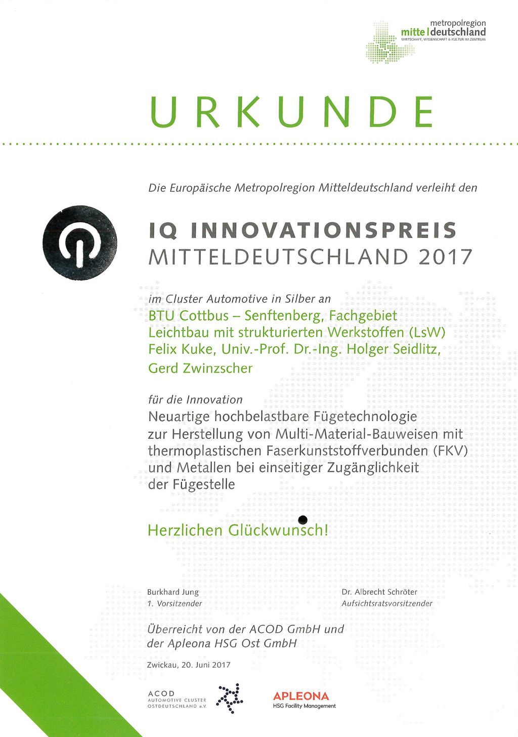 Urkunde des IQ Innovationspreises Mitteldeutschland 2017 Bild der Urkunde des IQ Innovationspreises Mitteldeutschland 2017