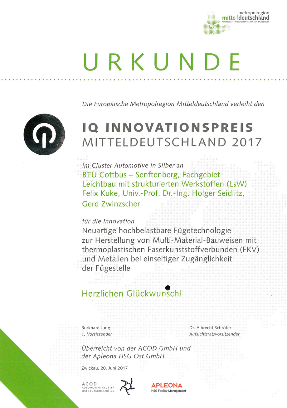 Bild der Urkunde des IQ Innovationspreises Mitteldeutschland 2017