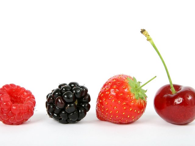 Das Bild zeigt jeweils eine Himbeere, Brombeere, Erdbeere, Kirsche (v.l.).