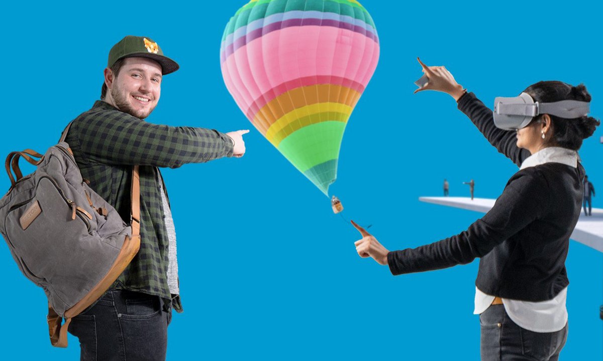 Symbol of the event, two young people with a colorful hot air balloon