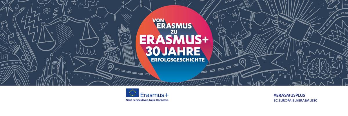 Banner von der Erasmus Seite - Auf dem Bild steht ein Text: "von Erasmus zu ERASMUS+ 30 Jahre Erfolgsgeschichte"