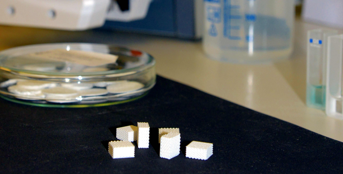 Bildinhalt: 
Im Vordergrund: kleine weiße quaderförmige Körper aus Zement mit hochporöser Strukter
Im Hintergrund: Eine Petrischale mit Deckel, ein Becherglas und Küvetten für ein Photometer