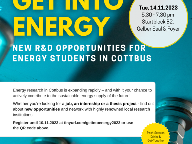 Der Flyer informiert über Zeit und Ort der Veranstaltung "Get Into Energy".