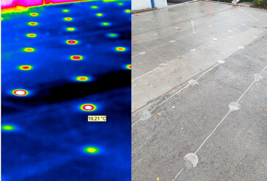 Gegenüberstellung vom Livebild und Wärmekamerabild des beheizten Parkplatzes