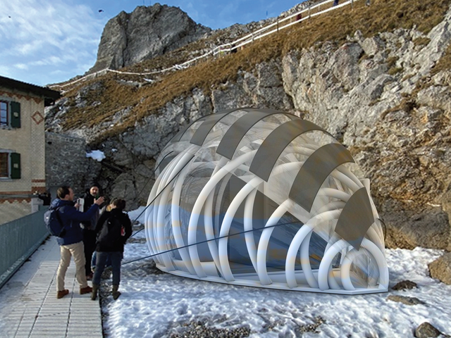 Simulation des aufblasbaren Forschungszeltes für den Mount Pilatus in der Schweiz