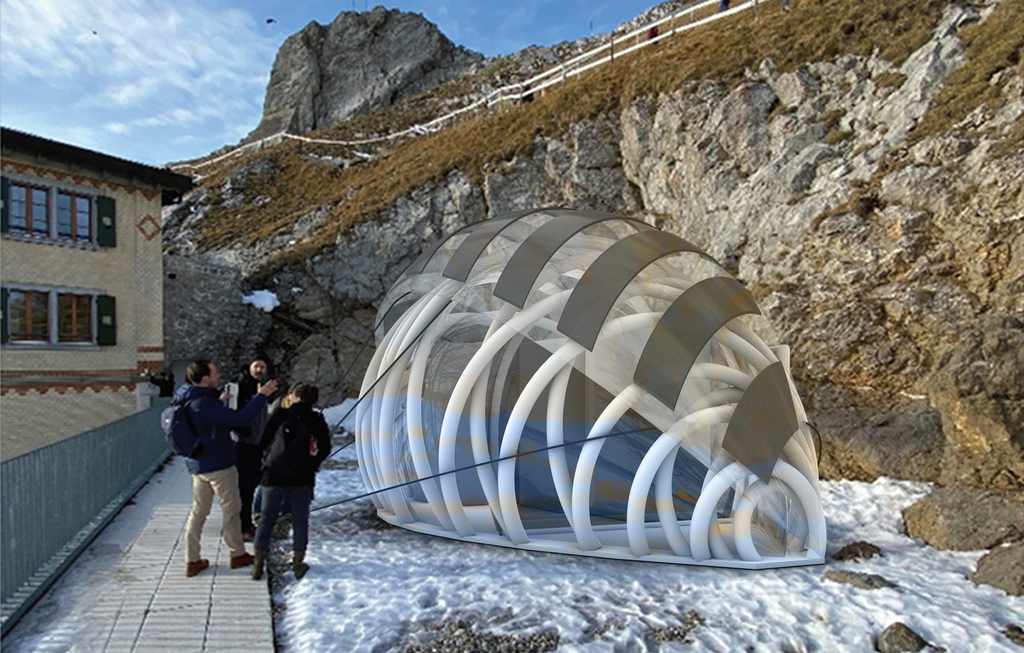 Simulation des aufblasbaren Forschungszeltes für den Mount Pilatus in der Schweiz