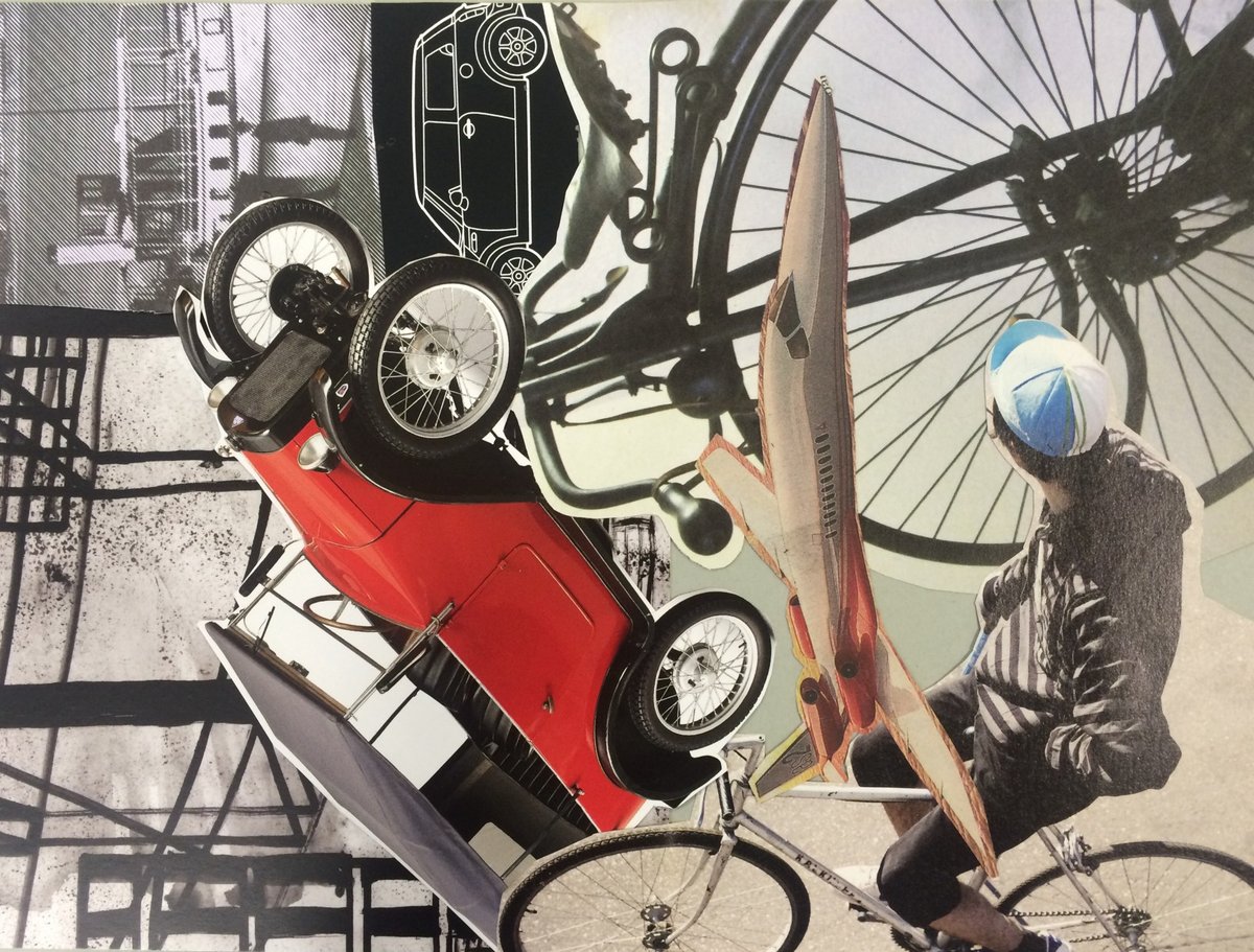 Collage von Dr. Martin Stelzig, die unter anderem eine Person auf einem Fahrrad, ein Auto und ein Flugzeug zeigt.