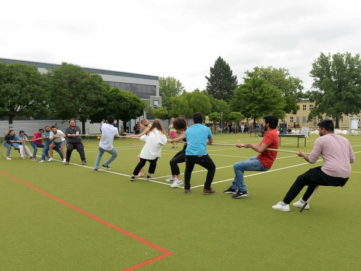 Students playing tug-of-war.