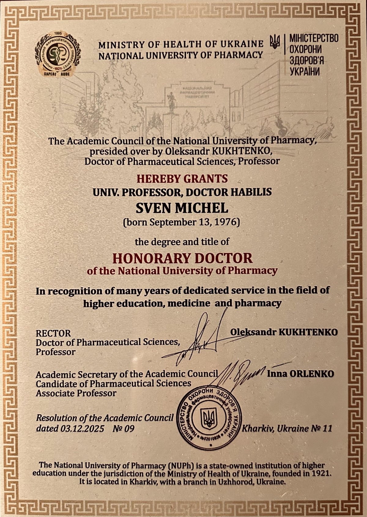 Honorary doctorate certificate.