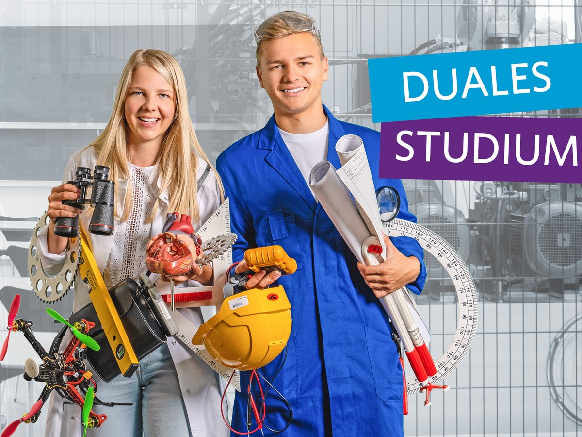 A young woman in a white coat and a young man in a blue coat symbolize the diversity of dual study programs.