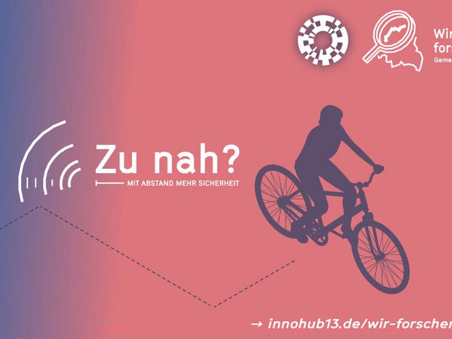 Visual mit der Aufschrift "Zu nah? Mit Abstand mehr Sicherheit" zeigt einen Radfahrer.