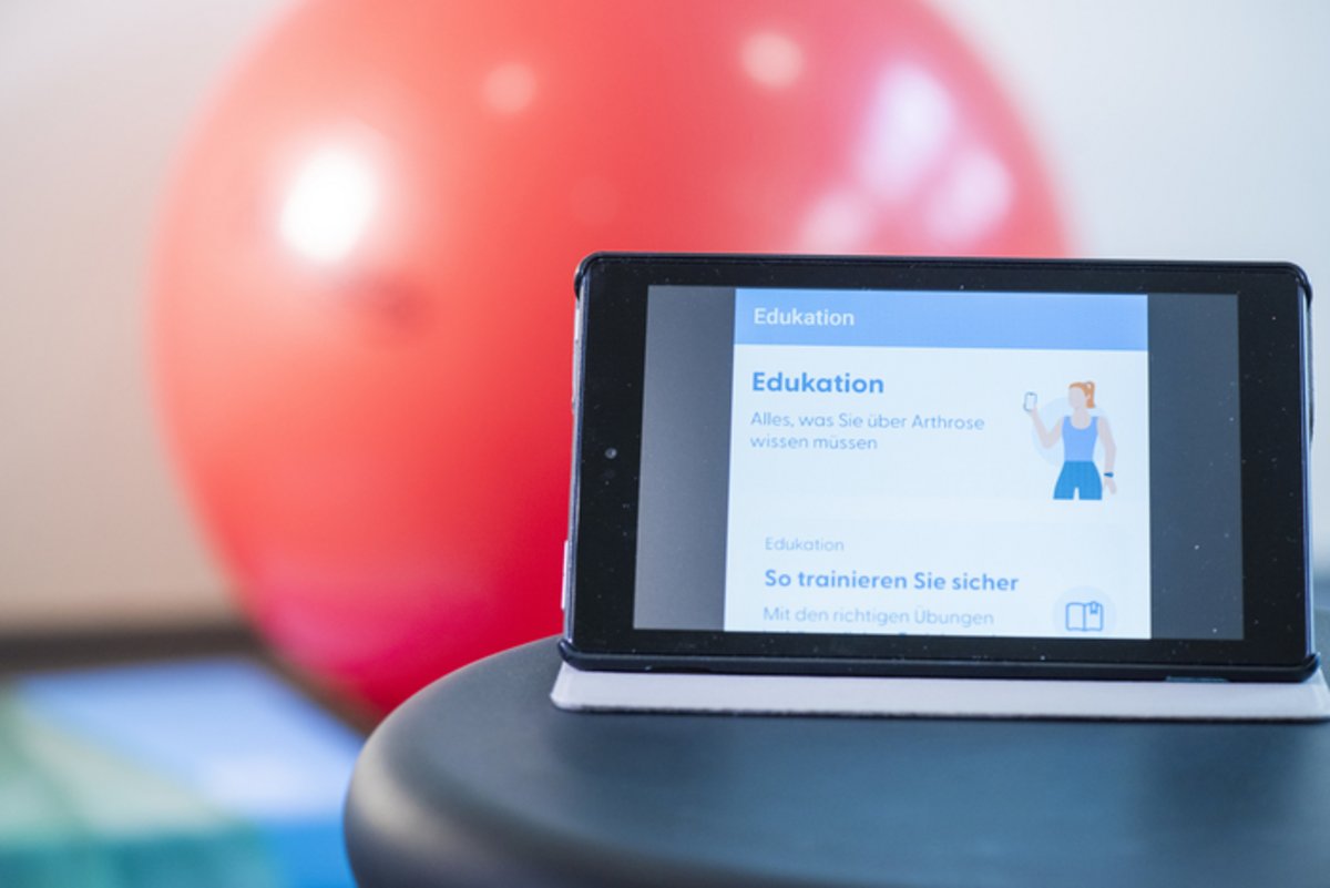 Das Foto zeigt einen Gymnastikball und einen Bildschirm, auf dem die Übungen vorgeführt werden.