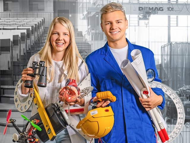 Junge Frau (links) und junger Mann versinnbildlichen die beieden Lernorte des dualen Studiums - Universität und Betrieb. Foto: Tom Liebert