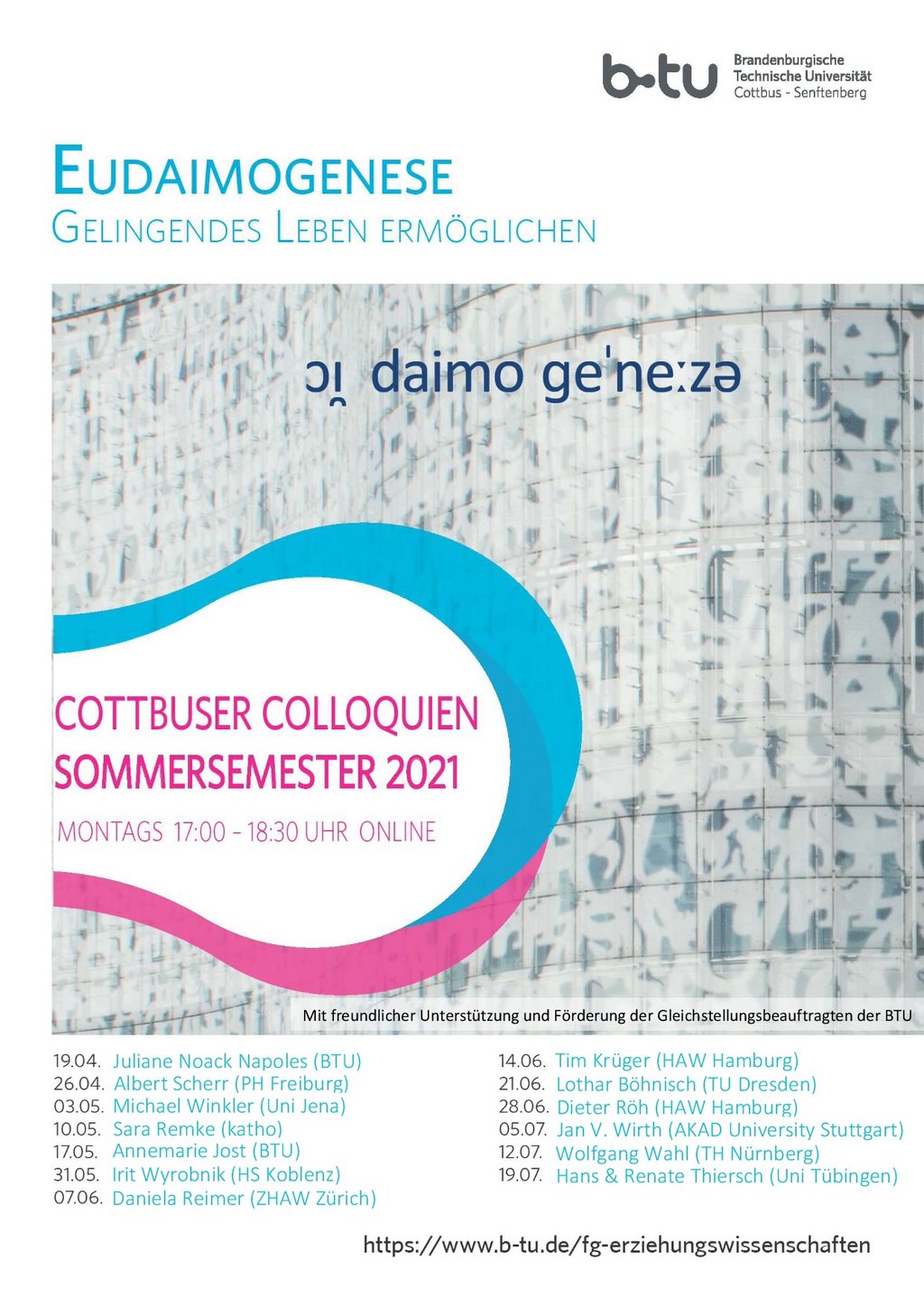Plakat zur online Veranstaltung Cottbuser Colloquien im Sommersemester 2021 zum Thema Eudaimogenese - Gelingendes Leben ermöglichen