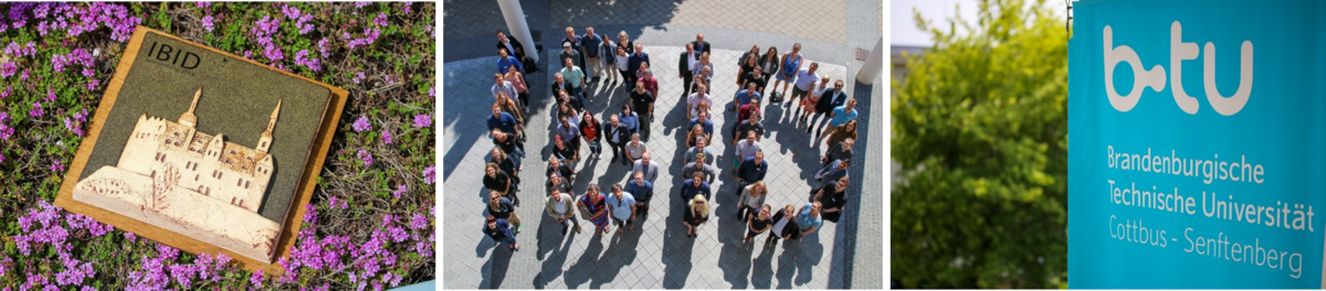 International Biotech Innovation Days in Senftenberg, Zusammengesetztes Bild aus 3 Teilbildern, links das Senftenberger Schloss mit dem Schriftzug IBID, mittig formen Menschen die 4 Buchstaben IBID, rechts ist ein Banner mit dem Logo der Brandenburgischen Technischen Universität zu sehen