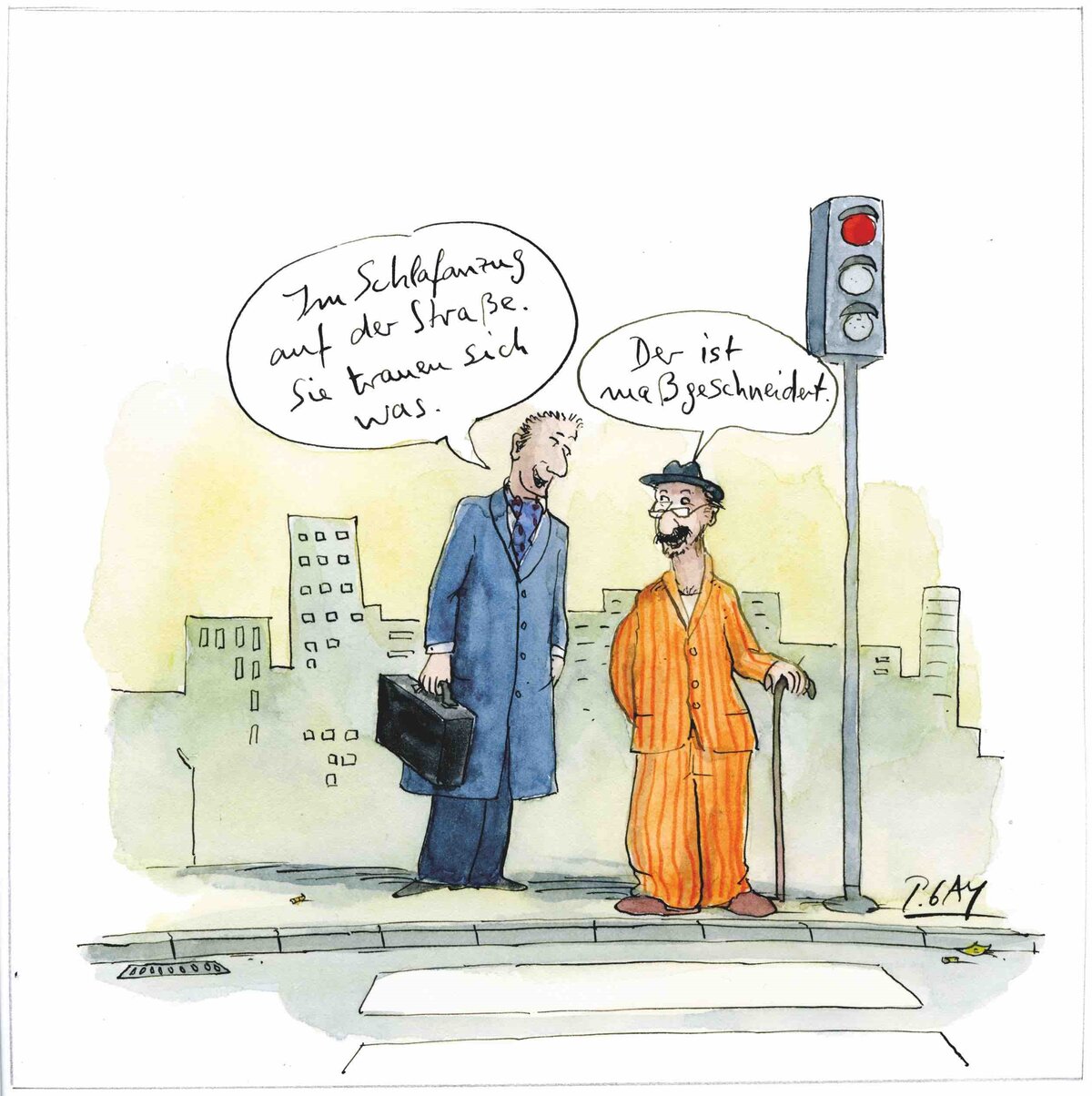 Cartoon Mann im Schlafanzug. Copyright Peter Gaymann www.demensch.gaymann.de, aus dem DEMENSCH Postkartenkalender.